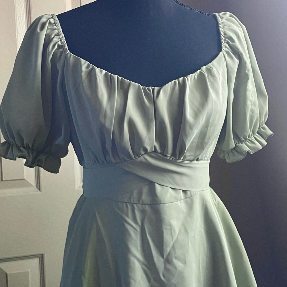 Sage Puff-Sleeve A-Line Dress